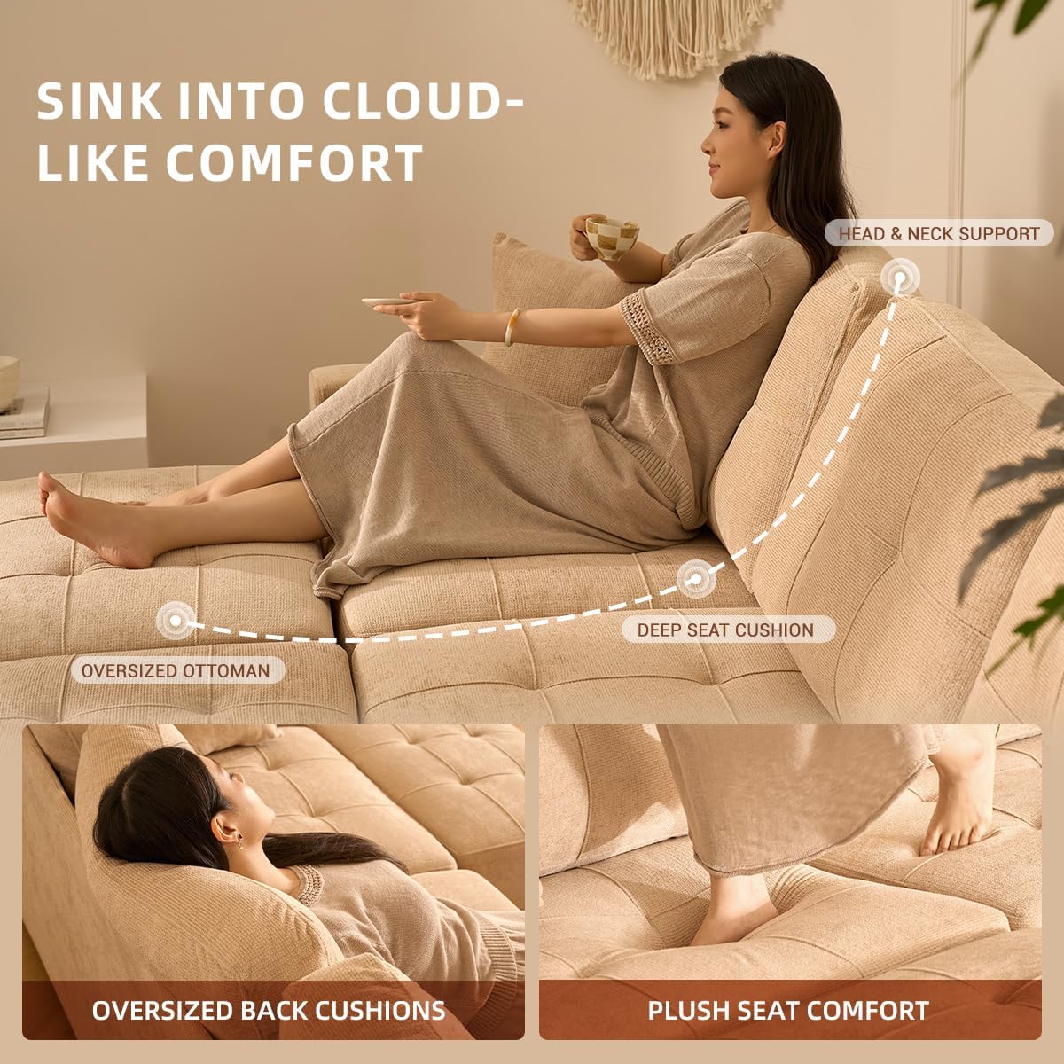 112" U Shaped Modular Cloud Sectional Couch, Waffle Fabric, Oatmeal Beige