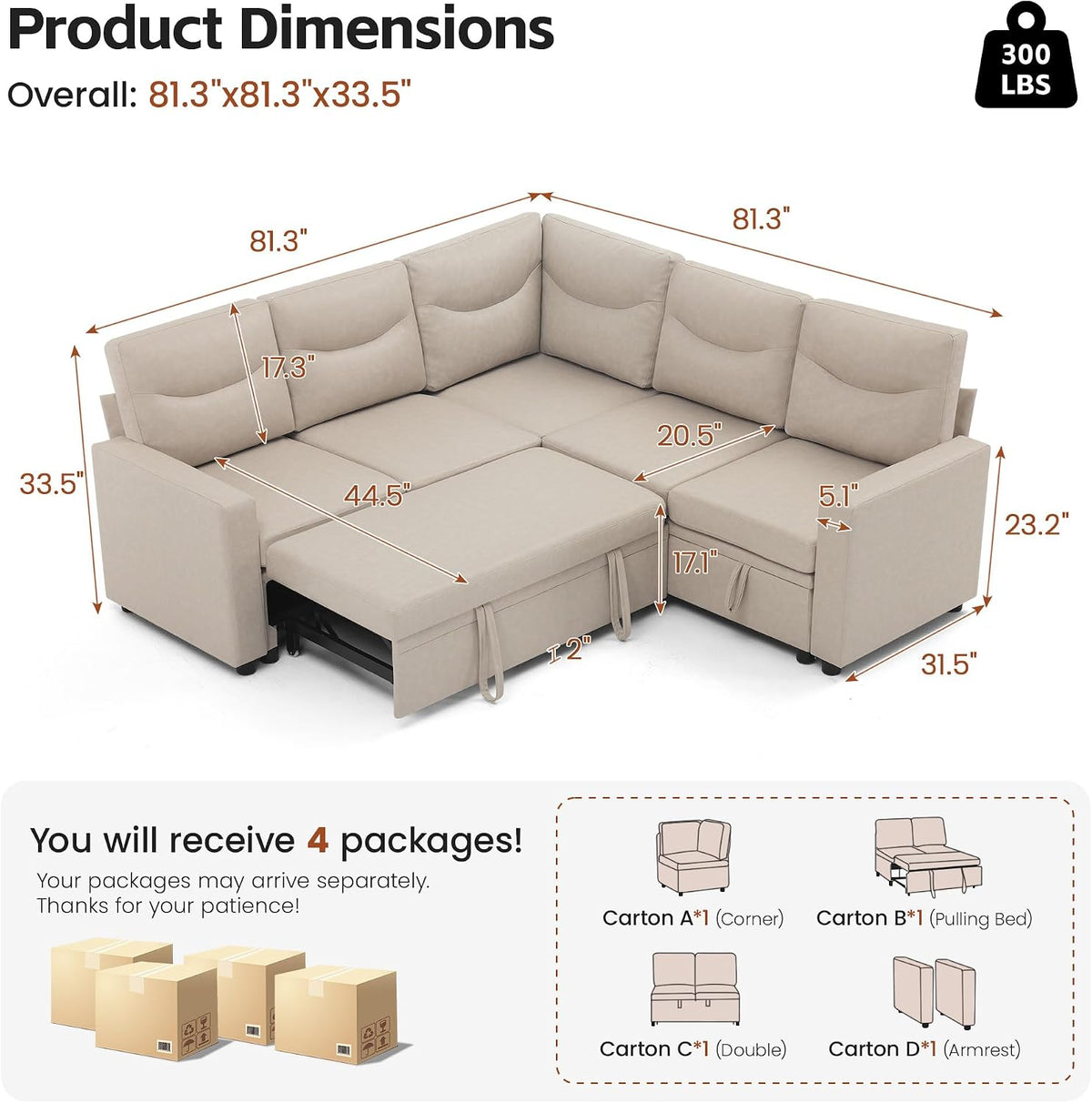 81" Sectional Sleeper Sofa Bed, 5 Seat Pull Out Couch with Storage Beige