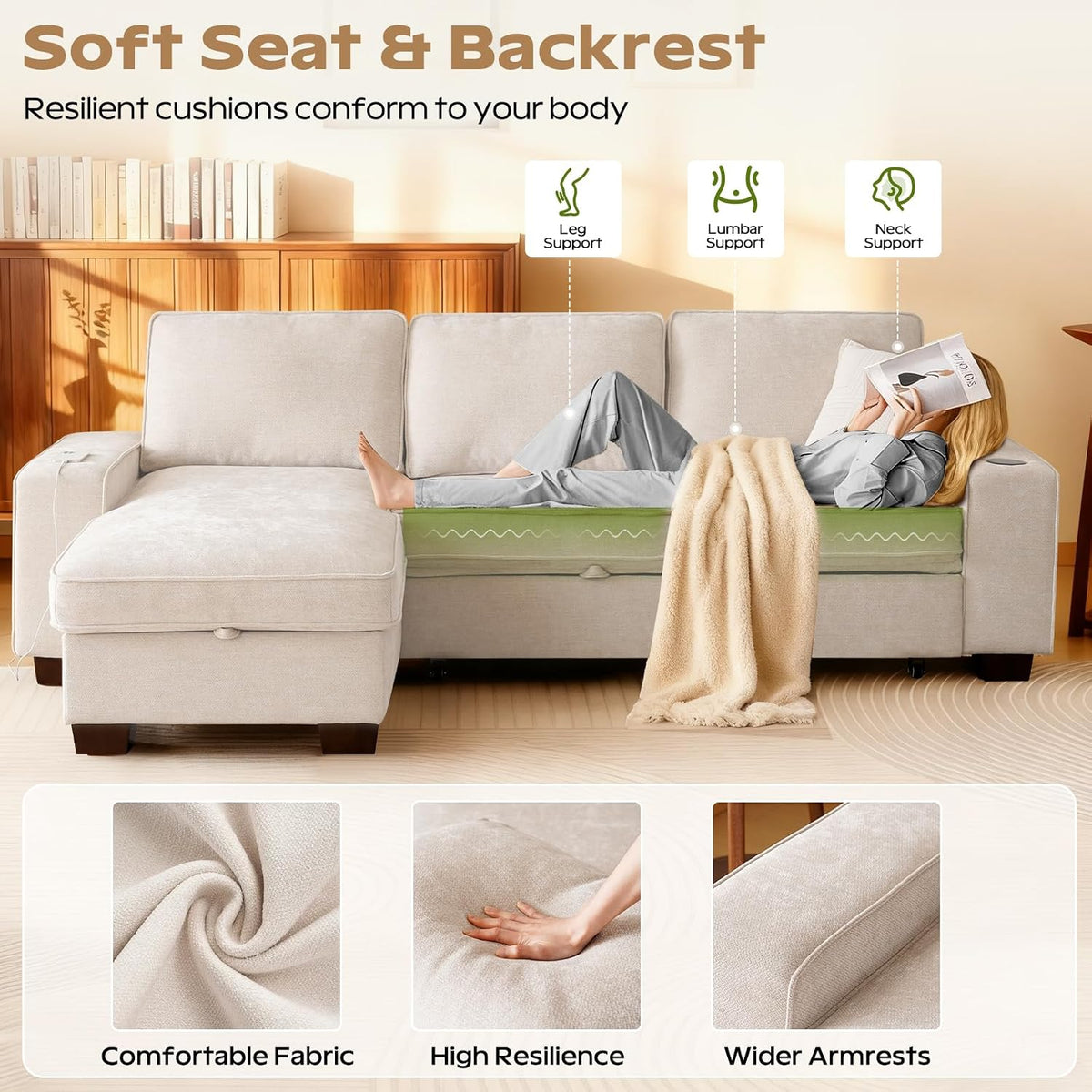 99" Convertible Sleeper Sofa Bed,L Shaped with Storage Chaise Pull Out Couch for Living Room,USB and Type-C,Removable Washable Chenille Covers (Beige)