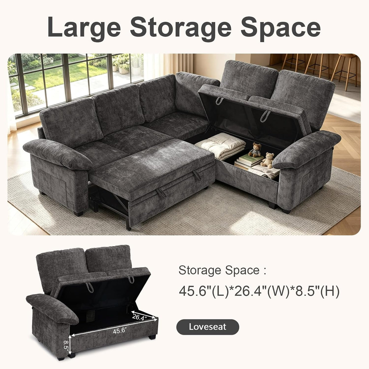 85'' Modular Sectional Sleeper Sofa, L Shape Pull Out Sofa Bed with Storage