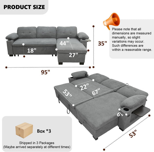 93" L Shaped Sleeper Sofa Bed, Pull Out Sectional Couch with Storage Chaise/Reclining Backrest, Sectional Couches for Living Room with USB Port, Foldable Table, Cup Holder, Side Pocket, Light Grey