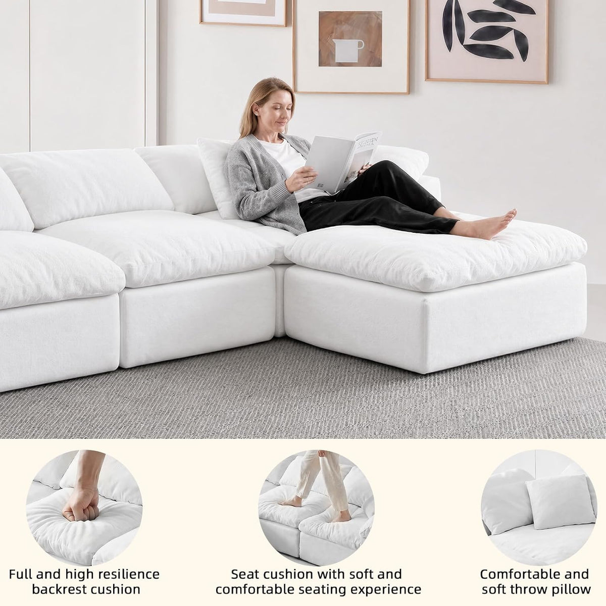 110" Boneless Cloud Couch Sectional for Living Room, Oversized Modular L Shaped Sofa with Ottoman, Deep Seat Chenille Sectional Couch for Cloud-Like Comfort (Pearl White)