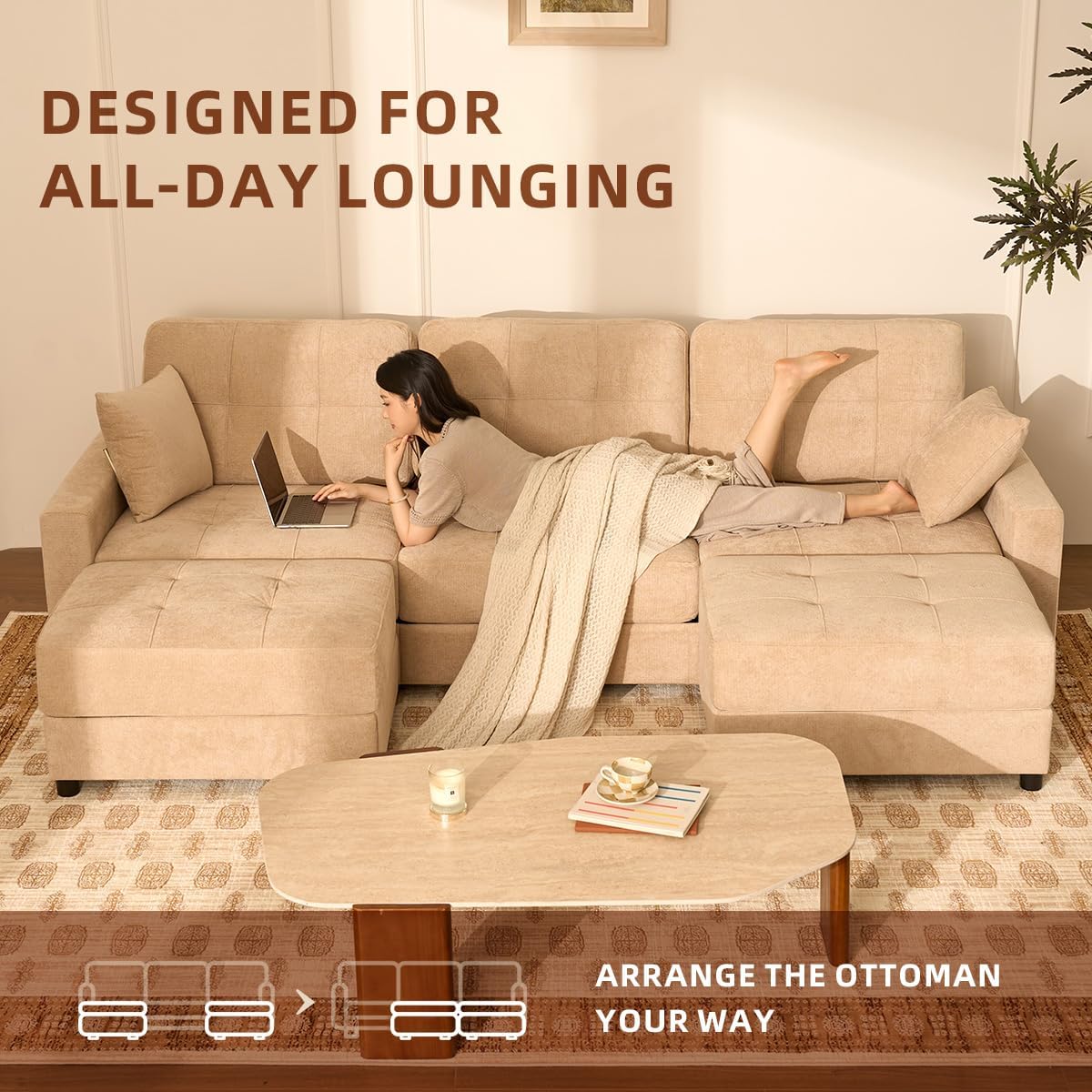112" U Shaped Modular Cloud Sectional Couch, Waffle Fabric, Oatmeal Beige
