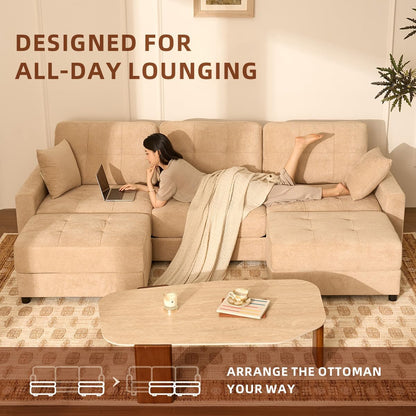 112" U Shaped Modular Cloud Sectional Couch, Waffle Fabric, Oatmeal Beige