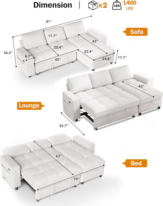 WEUP 81" Modular Sectional Sleeper Sofa Bed, Chenille L-Shaped Couch Bed with Adjustable Backrest, Pull Out Couch with Reversible Chaise Storage, USB Charging & Tool-Free Assembly, Beige
