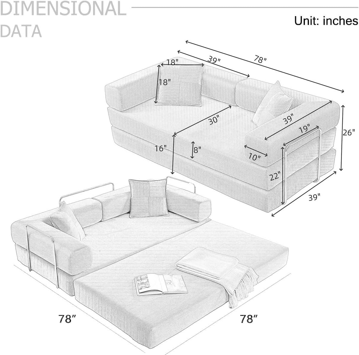 4-in-1 Folding Convertible Sofa Bed, 78 Inch Boneless Couch with Fixed-Shape Frame, Corduroy Loveseat Sleeper with Pull Out Bed, Floor Sofa Modular Futon Couch for Living Room Bedroom Lounge (Beige)