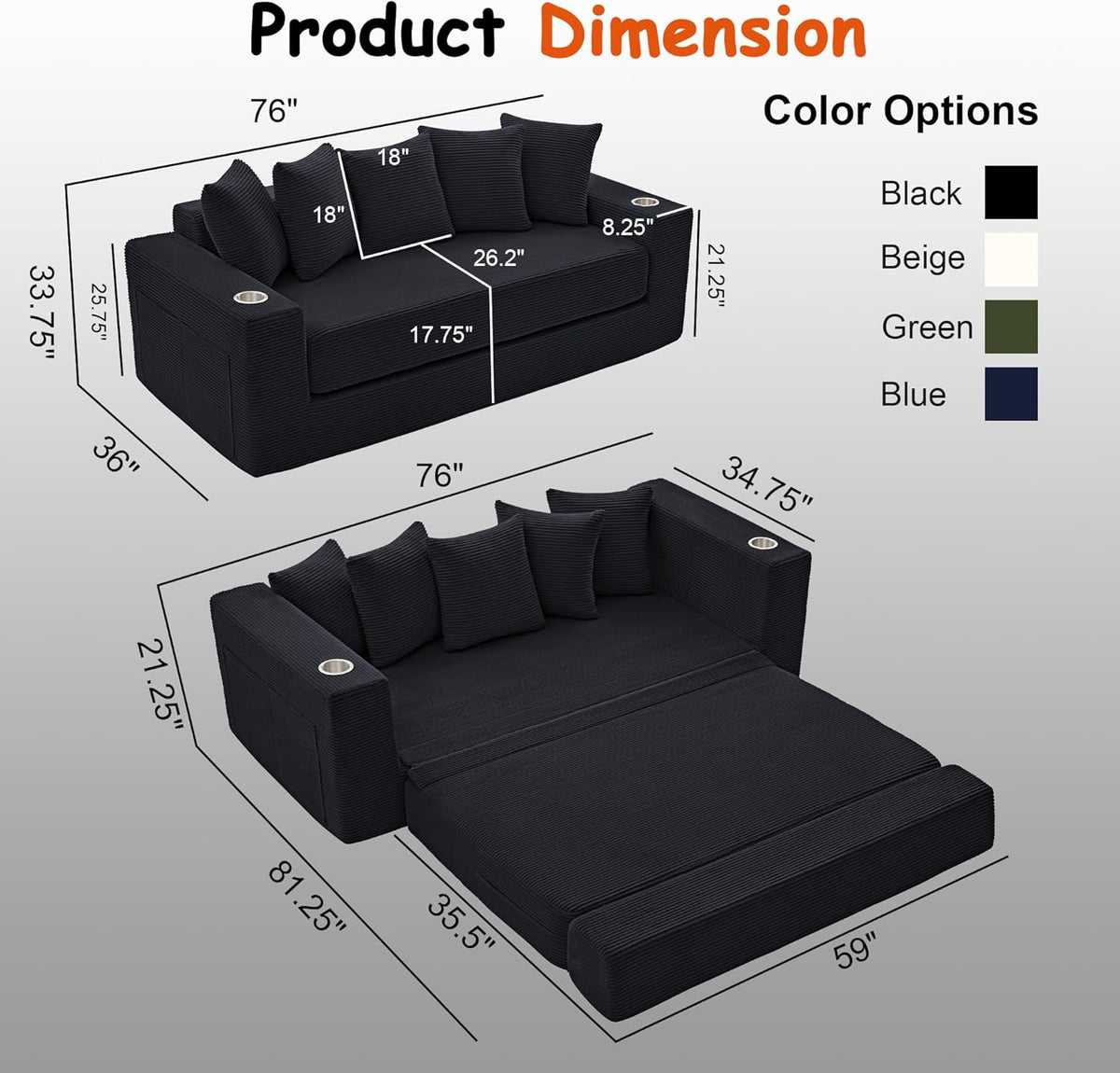76" Convertible Sofa Bed, Corduroy Boneless Couch with Cup Holders & Pocket