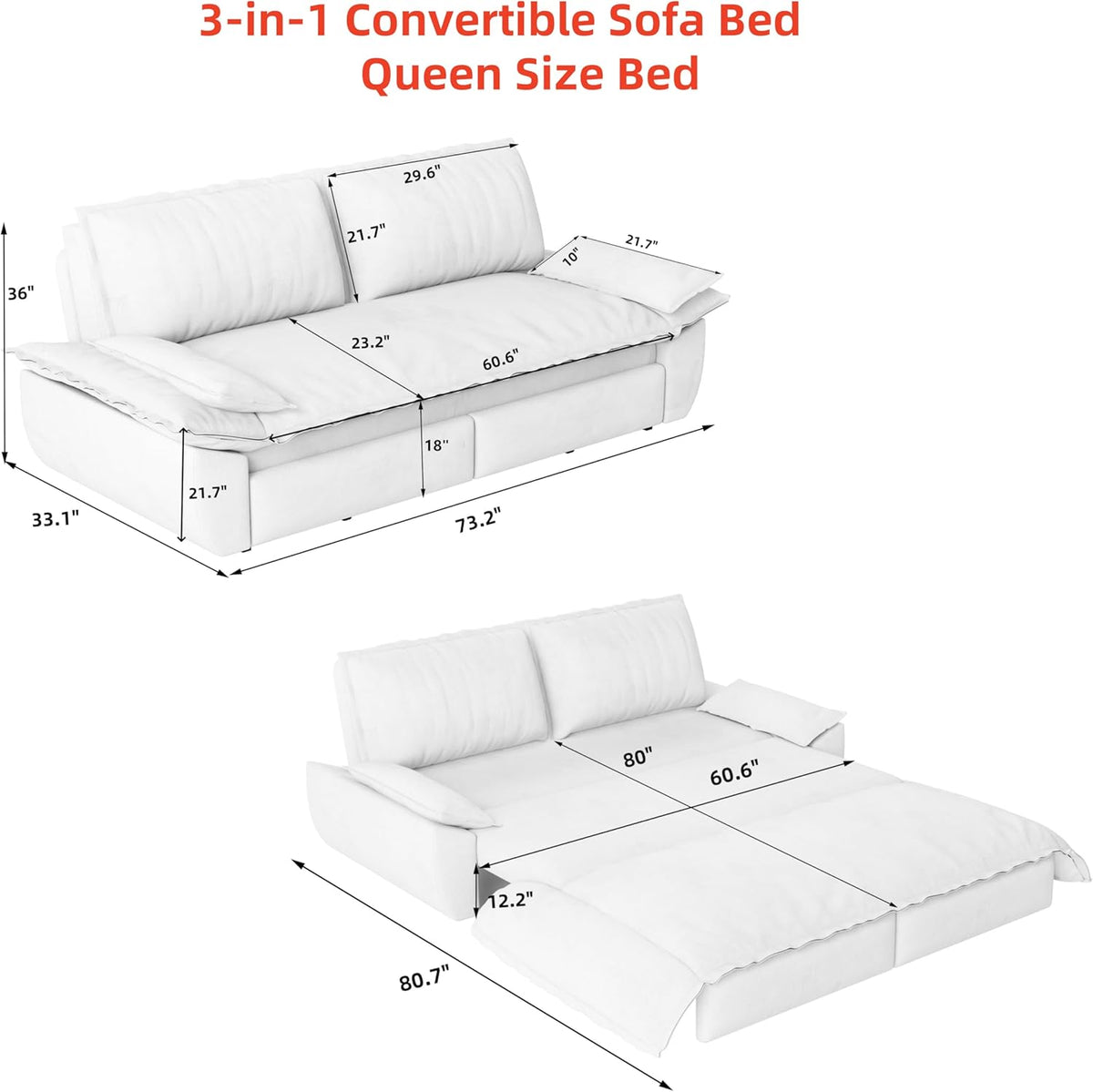 KEIKI 73.2" Queen Convertible Sofa Bed, 3-in-1 Pull-Out Futon Couch with Chaise Lounge Comfort, Soft Velvet Cloud Loveseat for Home Theater, Gaming Lounge, Entertainment Room & Living Space Seating