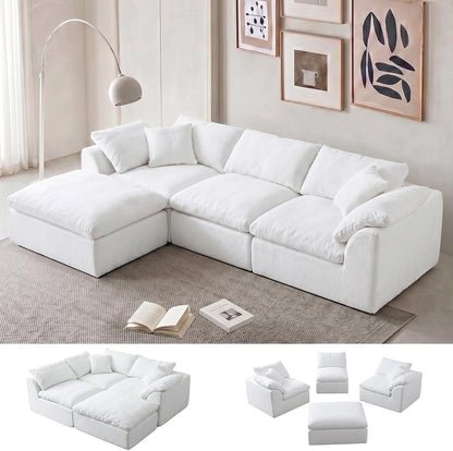 110" Boneless Cloud Couch Sectional for Living Room, Oversized Modular L Shaped Sofa with Ottoman, Deep Seat Chenille Sectional Couch for Cloud-Like Comfort (Pearl White)