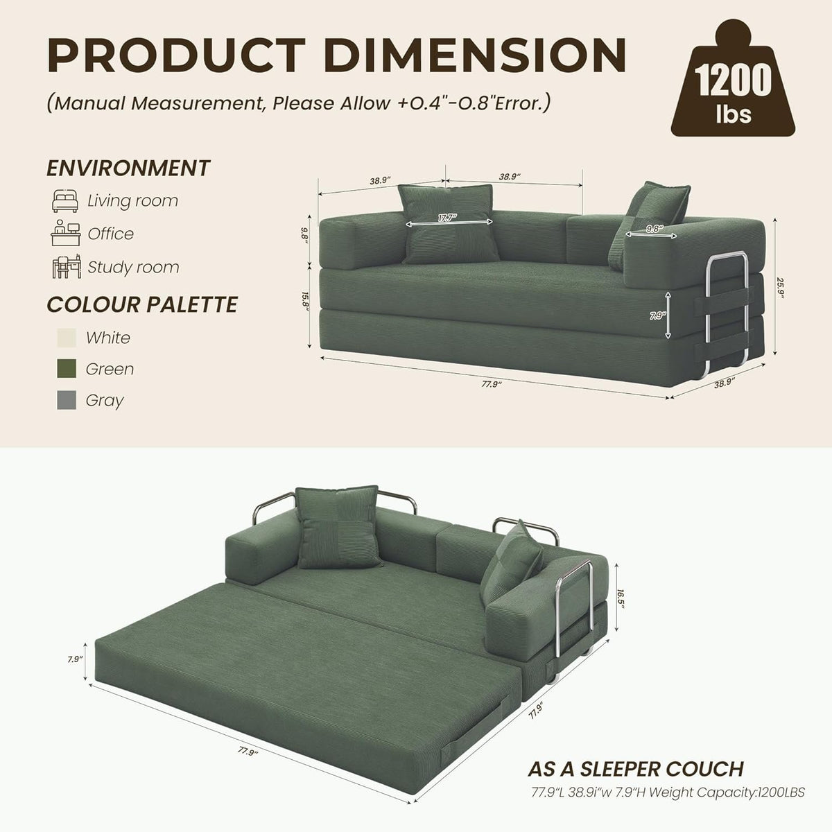GRUSIGN 78" 5-in-1 Convertible Futon Sofa Bed, Boneless Corduroy, Green