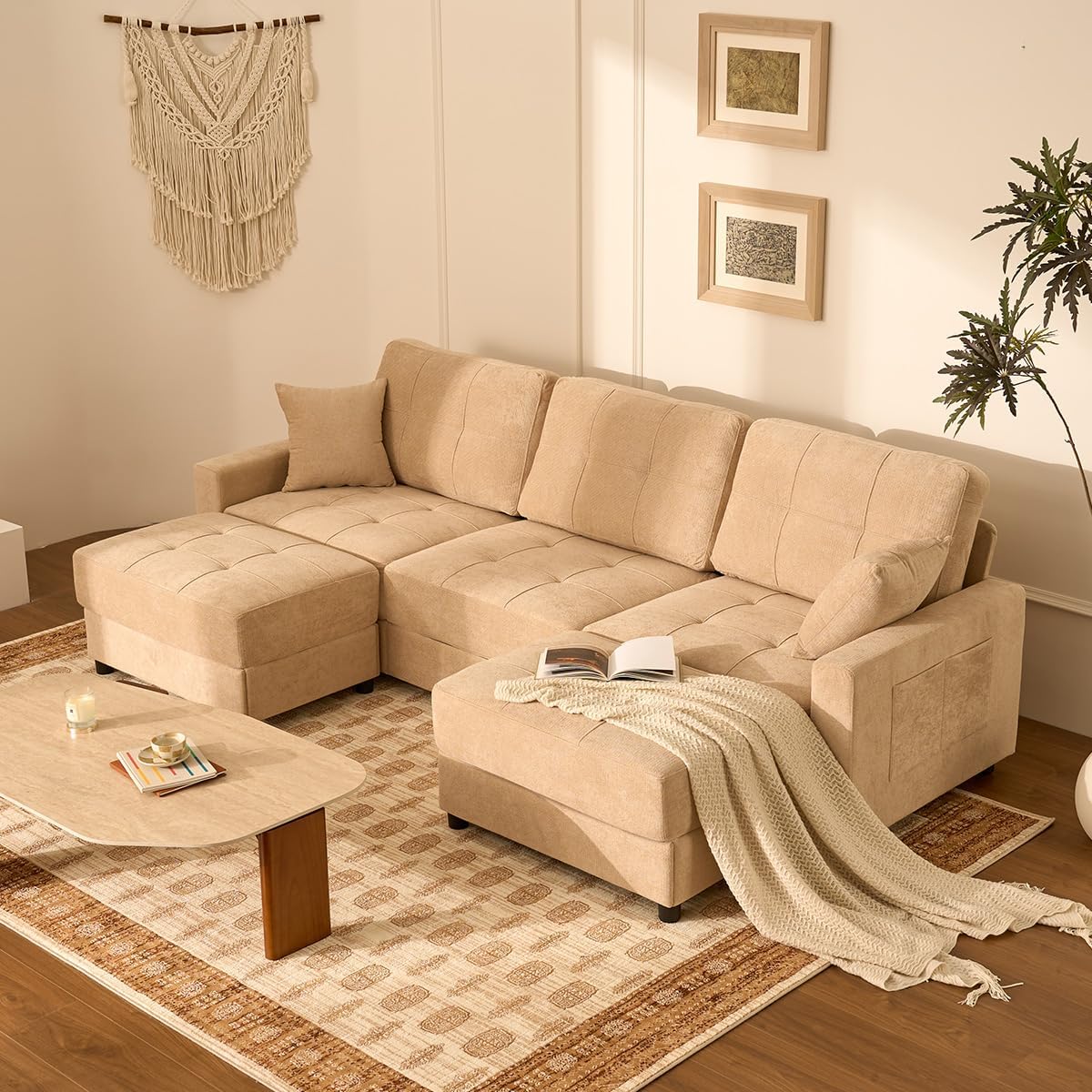 112" U Shaped Modular Cloud Sectional Couch, Waffle Fabric, Oatmeal Beige