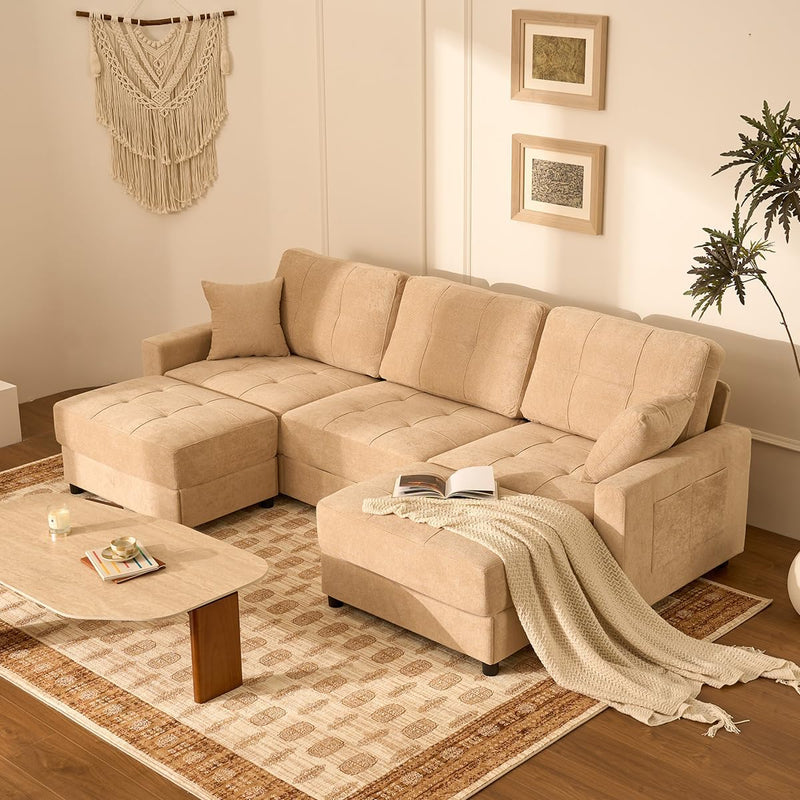 112" U Shaped Modular Cloud Sectional Couch, Waffle Fabric, Oatmeal Beige