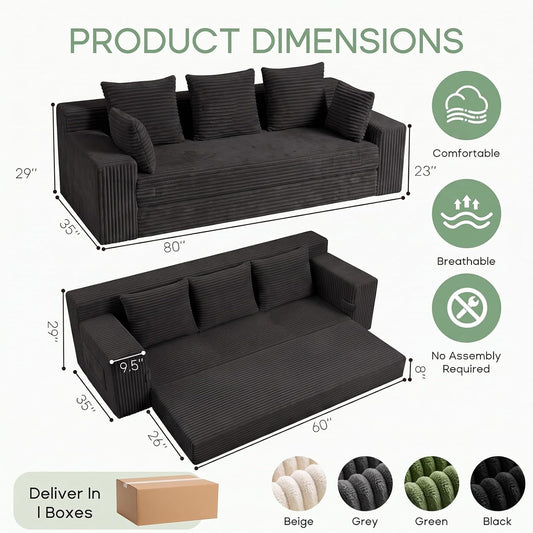 Boneless Couch for Living Room, 3 Seater Convertible Sofa Bed in Box, Black