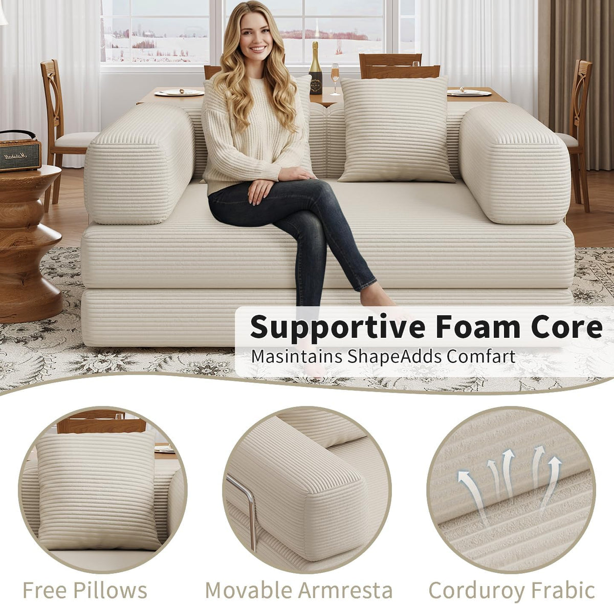 BSHOMGI 4 in 1 Convertible Sofas Boneless Couches, Modern Corduroy Futon Bed, Modular Sofa with Pull-Out Bed, LoveSeat for Living Room, Small Space Apartment (Beige, 53.15" Double Sofa)