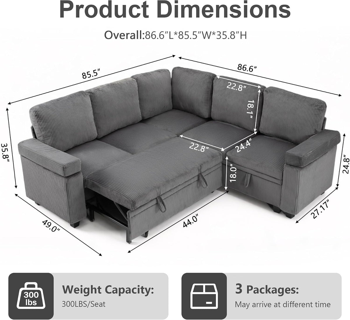 86" Modular Sectional Sleeper Sofa with Pull Out Bed, Sleeper Couch, Gray