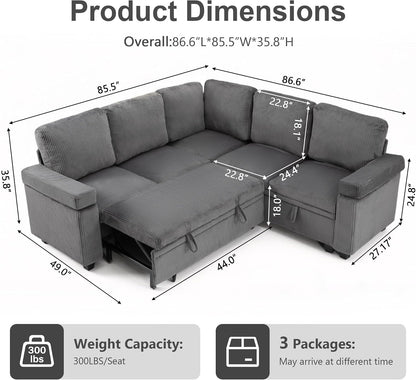 86" Modular Sectional Sleeper Sofa with Pull Out Bed, Sleeper Couch, Gray