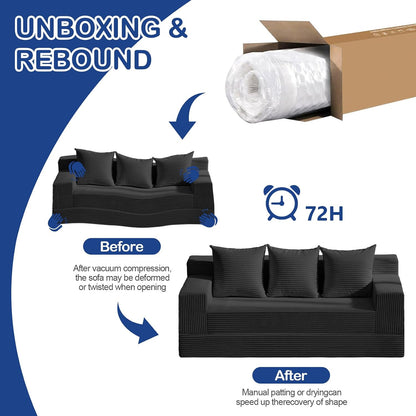 2 in 1 Convertible Boneless Couch Bed, Corduroy futon Sofa Bed, Compression Folding Floor Couch Sofas Bed with 3 Pillows for Bedroom, Small Space Guest and Living Room Sofa (Black, 78 Inches)