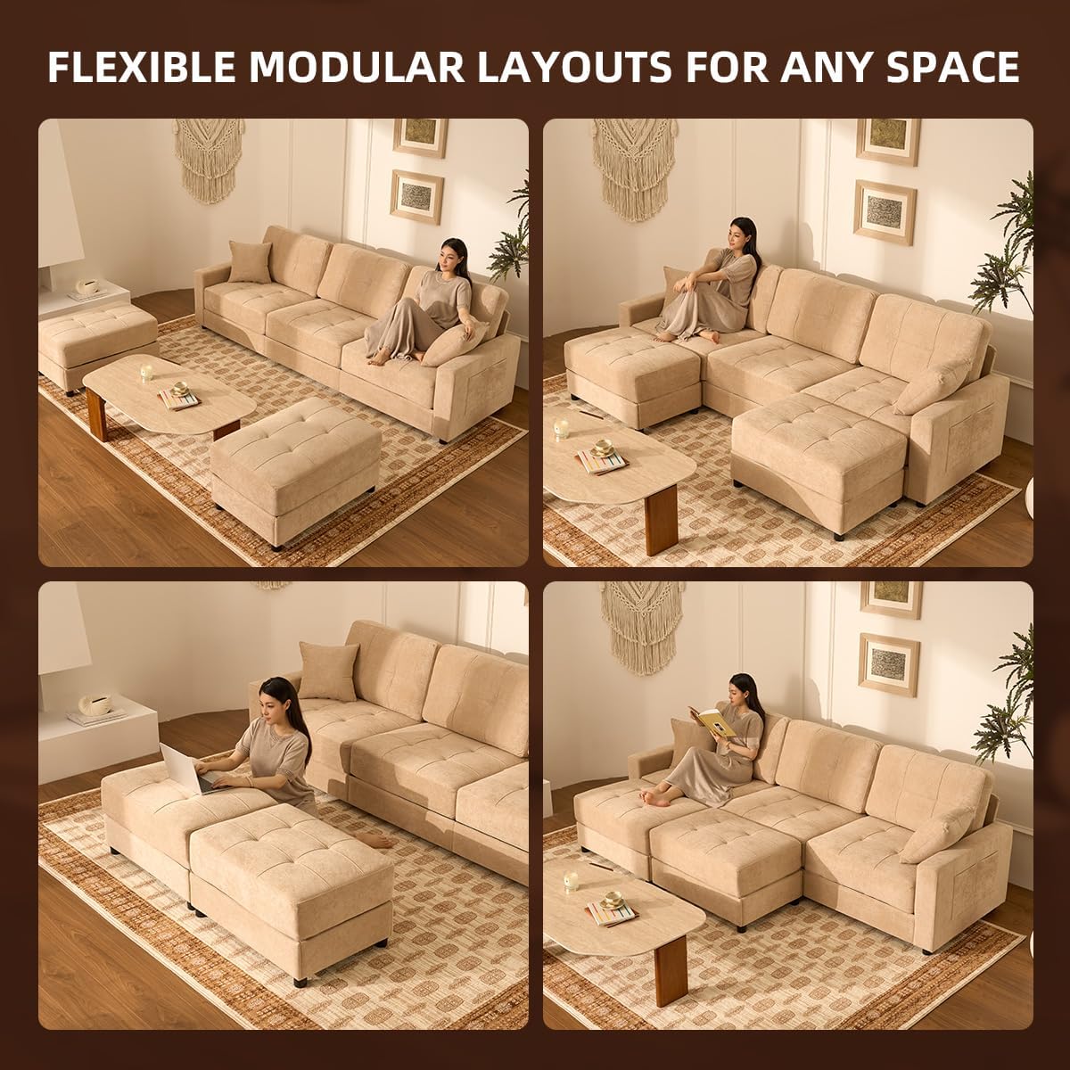 112" U Shaped Modular Cloud Sectional Couch, Waffle Fabric, Oatmeal Beige