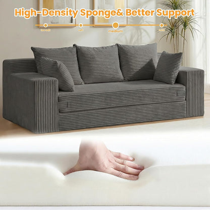 Boneless Couches 70 inch, 3 Seater Boneless Couch with Futon Couch Corduroy Boneless Couch with 5 Pillows, Gray Sofa for Living Room & Bedroom