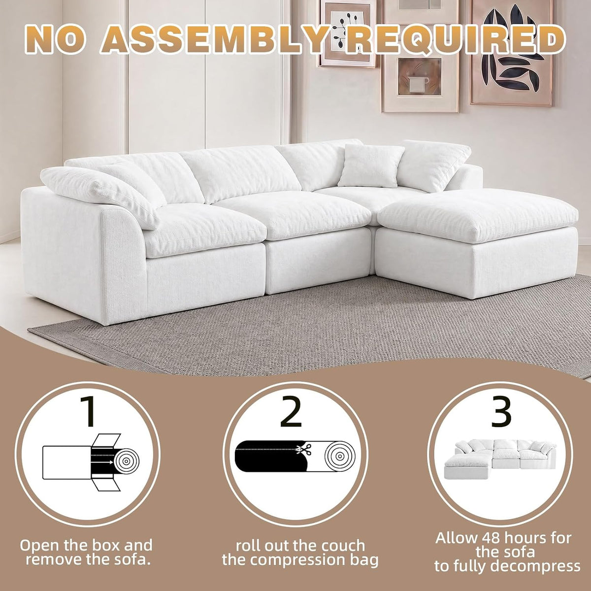110" Boneless Cloud Couch Sectional for Living Room, Oversized Modular L Shaped Sofa with Ottoman, Deep Seat Chenille Sectional Couch for Cloud-Like Comfort (Pearl White)