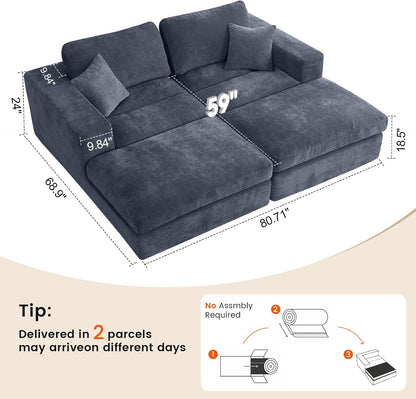 81" Modular Sectional Sofa Bed, Boneless Cloud Loveseat Couch,Blue