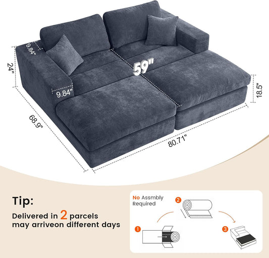 81" Modular Sectional Sofa Bed, Boneless Cloud Loveseat Couch,Blue