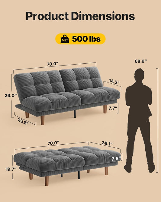 Amada 70-Inch Convertible Futon Sofa Bed with Adjustable Backrest, Gray