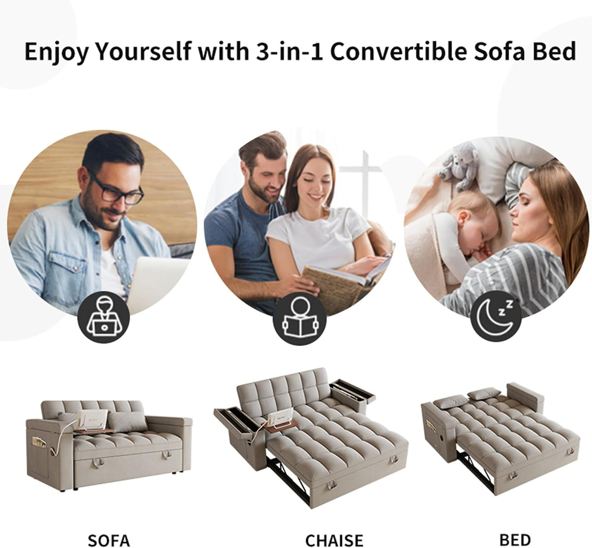 3-in-1 Convertible Pull Out Sofa Bed, 65" Loveseat Sleeper Sofas with Pullout Couch Bed with Adjustable Backrest, Side Table & Storage Armsfor Living Room