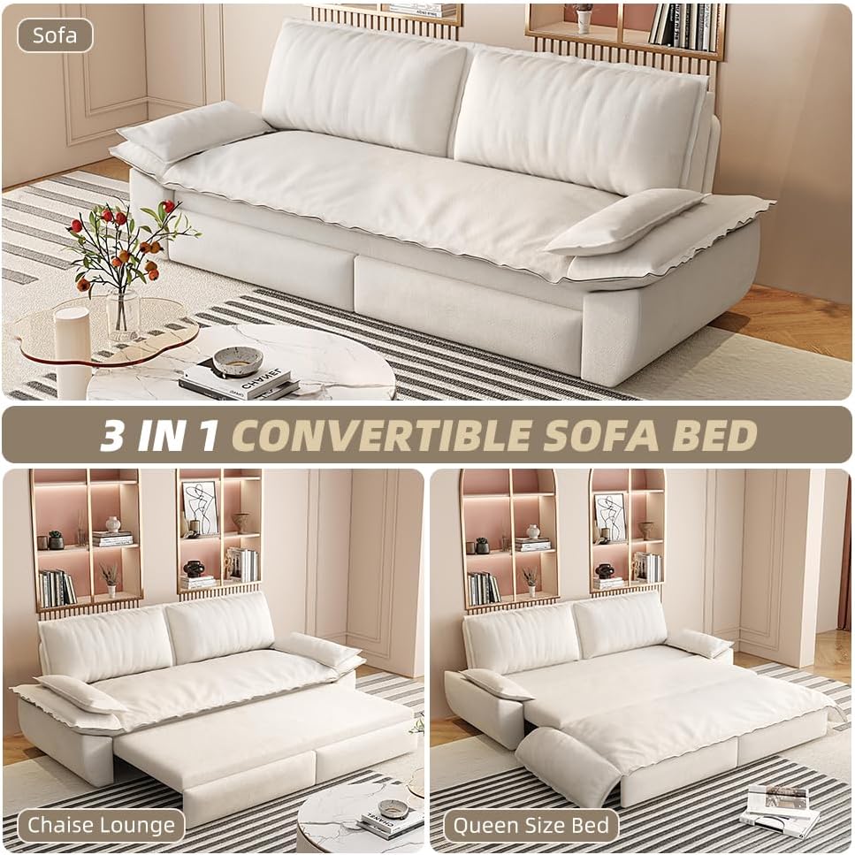 KEIKI 73.2" Queen Convertible Sofa Bed, 3-in-1 Pull-Out Futon Couch with Chaise Lounge Comfort, Soft Velvet Cloud Loveseat for Home Theater, Gaming Lounge, Entertainment Room & Living Space Seating