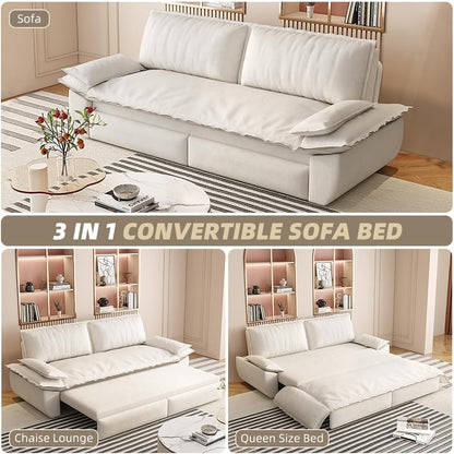 KEIKI 73.2" Queen Convertible Sofa Bed, 3-in-1 Pull-Out Futon Couch with Chaise Lounge Comfort, Soft Velvet Cloud Loveseat for Home Theater, Gaming Lounge, Entertainment Room & Living Space Seating