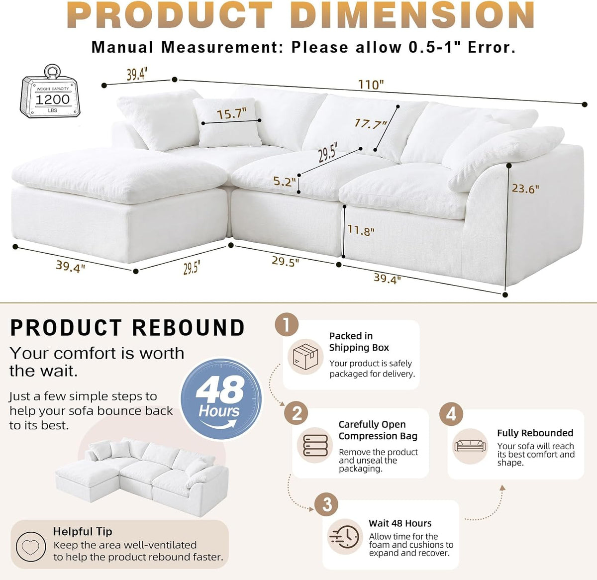 110" Boneless Cloud Couch Sectional for Living Room, Oversized Modular L Shaped Sofa with Ottoman, Deep Seat Chenille Sectional Couch for Cloud-Like Comfort (Pearl White)
