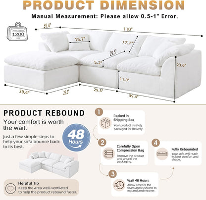 110" Boneless Cloud Couch Sectional for Living Room, Oversized Modular L Shaped Sofa with Ottoman, Deep Seat Chenille Sectional Couch for Cloud-Like Comfort (Pearl White)