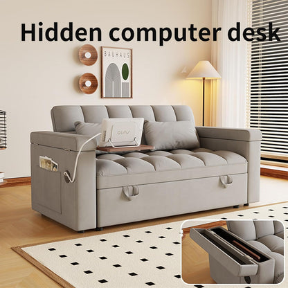 3-in-1 Convertible Pull Out Sofa Bed, 65" Loveseat Sleeper Sofas with Pullout Couch Bed with Adjustable Backrest, Side Table & Storage Armsfor Living Room