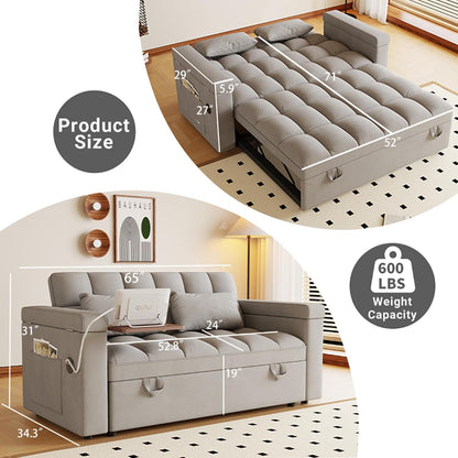3-in-1 Convertible Pull Out Sofa Bed, 65" Loveseat Sleeper Sofas with Pullout Couch Bed with Adjustable Backrest, Side Table & Storage Armsfor Living Room