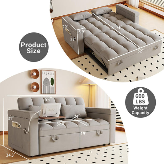 3-in-1 Convertible Pull Out Sofa Bed, 65" Loveseat Sleeper Sofas with Pullout Couch Bed with Adjustable Backrest, Side Table & Storage Armsfor Living Room