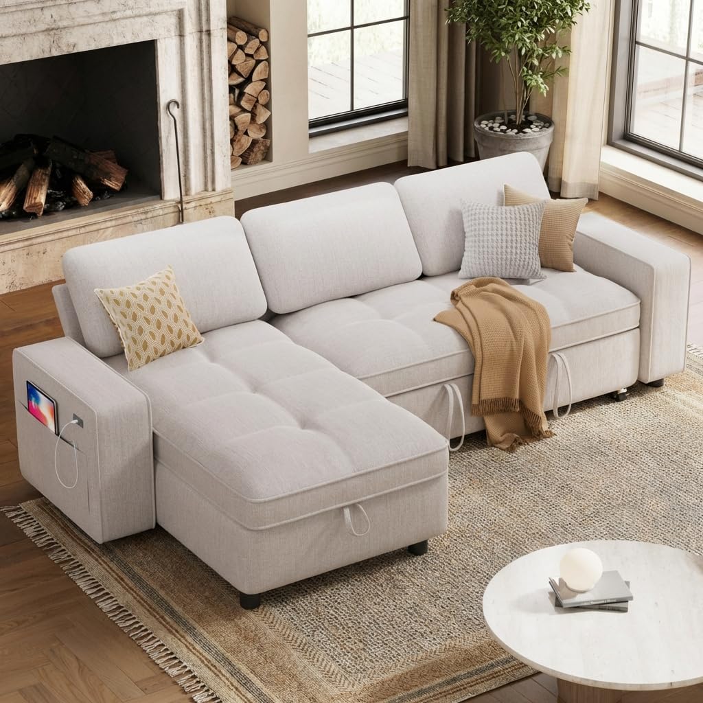 WEUP 81" Modular Sectional Sleeper Sofa Bed, Chenille L-Shaped Couch Bed with Adjustable Backrest, Pull Out Couch with Reversible Chaise Storage, USB Charging & Tool-Free Assembly, Beige