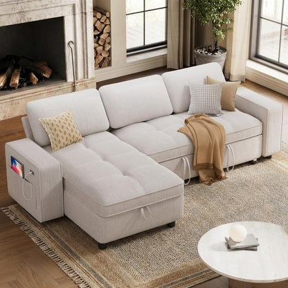 WEUP 81" Modular Sectional Sleeper Sofa Bed, Chenille L-Shaped Couch Bed with Adjustable Backrest, Pull Out Couch with Reversible Chaise Storage, USB Charging & Tool-Free Assembly, Beige