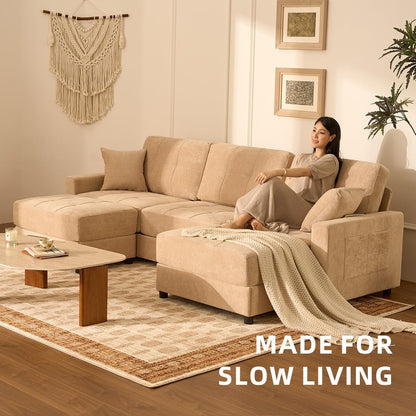 112" U Shaped Modular Cloud Sectional Couch, Waffle Fabric, Oatmeal Beige