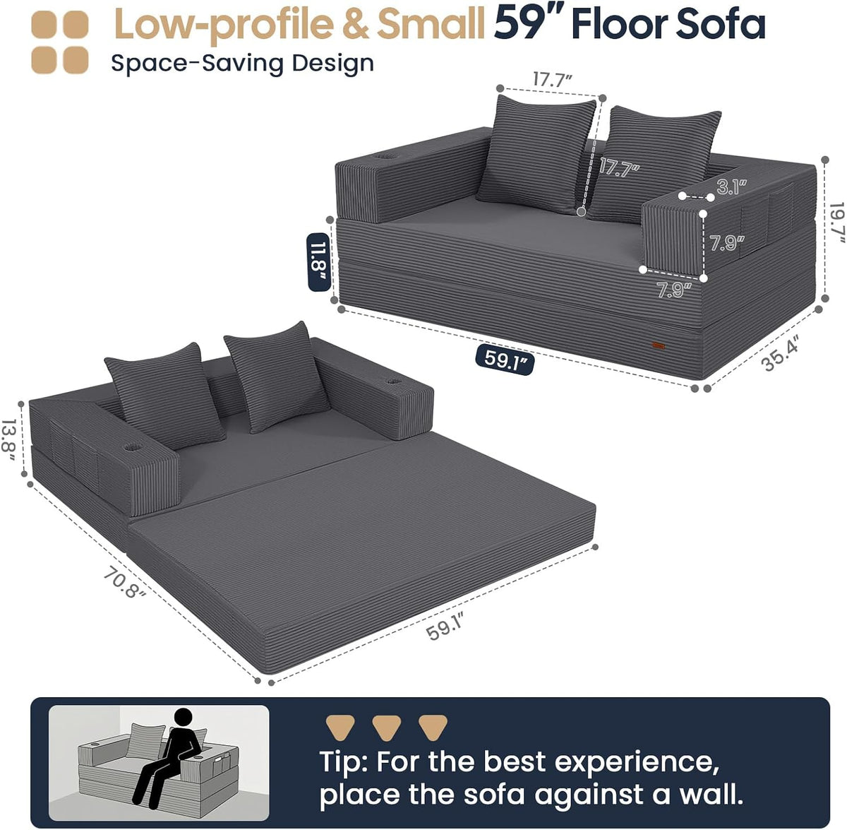 COMAX Boneless Futon Sofa Bed, 59" Small Low-Profile Floor Couch, Grey