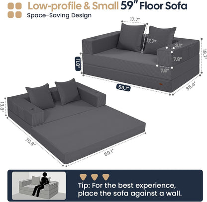 COMAX Boneless Futon Sofa Bed, 59" Small Low-Profile Floor Couch, Grey