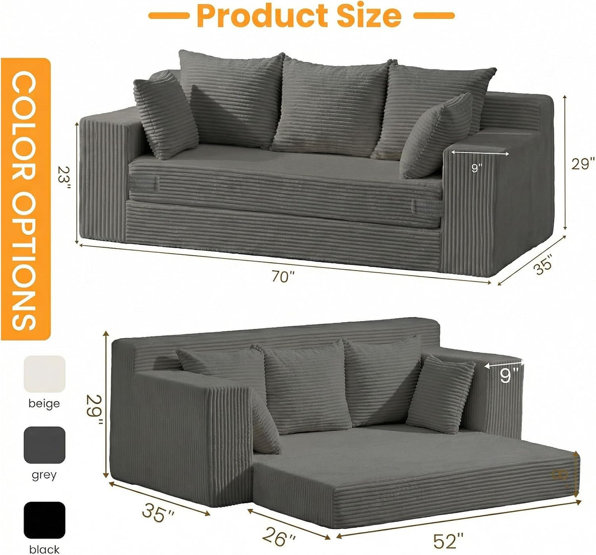 Boneless Couches 70 inch, 3 Seater Boneless Couch with Futon Couch Corduroy Boneless Couch with 5 Pillows, Gray Sofa for Living Room & Bedroom