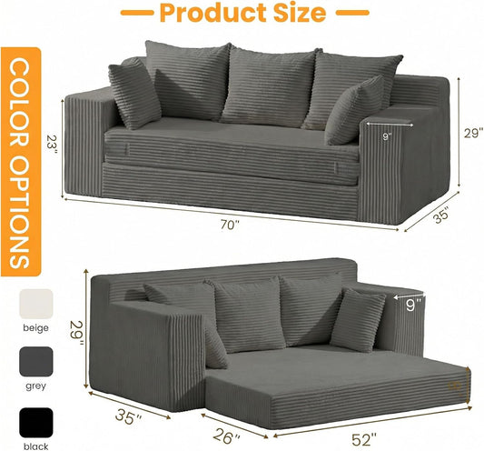 Boneless Couches 70 inch, 3 Seater Boneless Couch with Futon Couch Corduroy Boneless Couch with 5 Pillows, Gray Sofa for Living Room & Bedroom