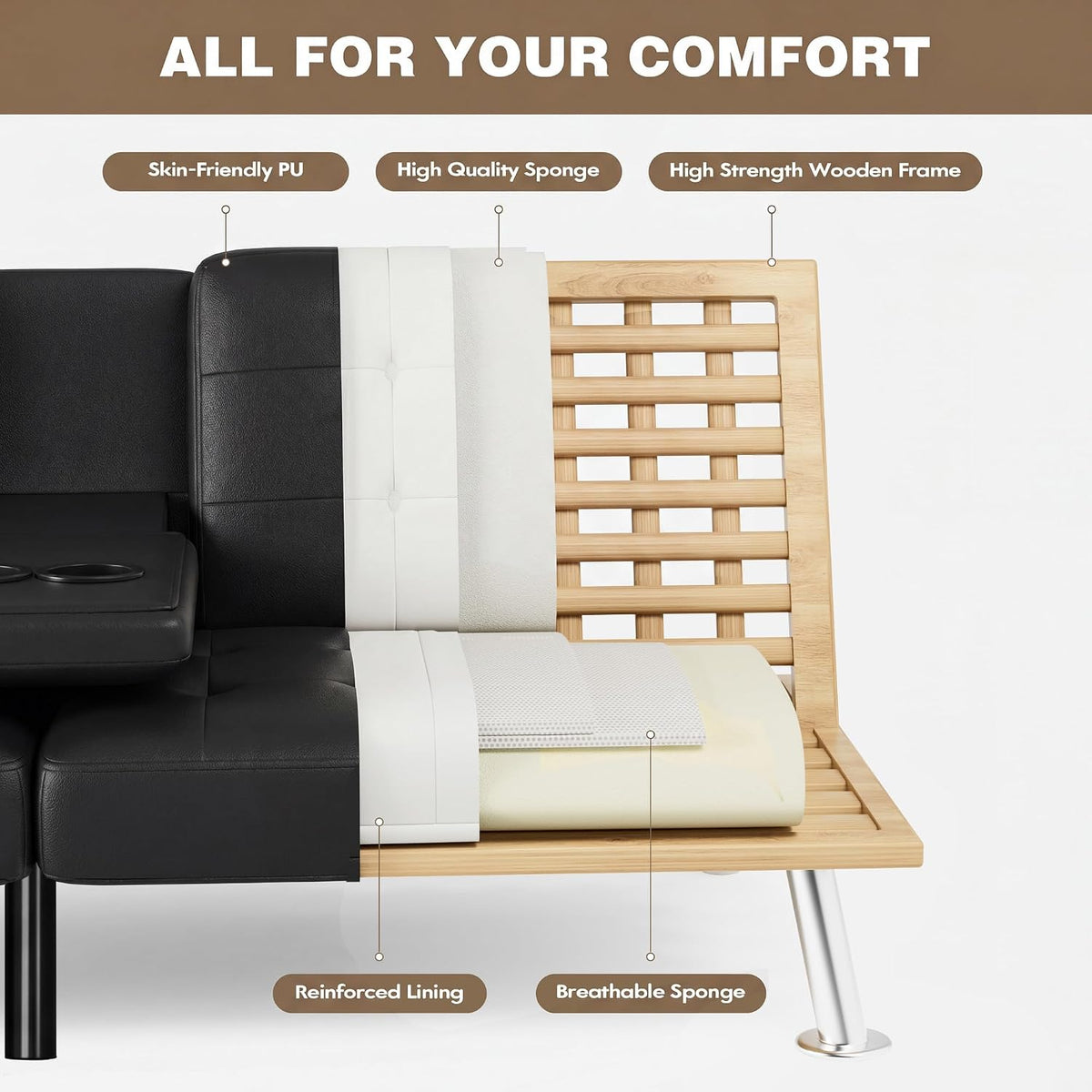 Homall Black Faux Leather Futon Sofa Bed, Loveseat with Adjustable Backrest