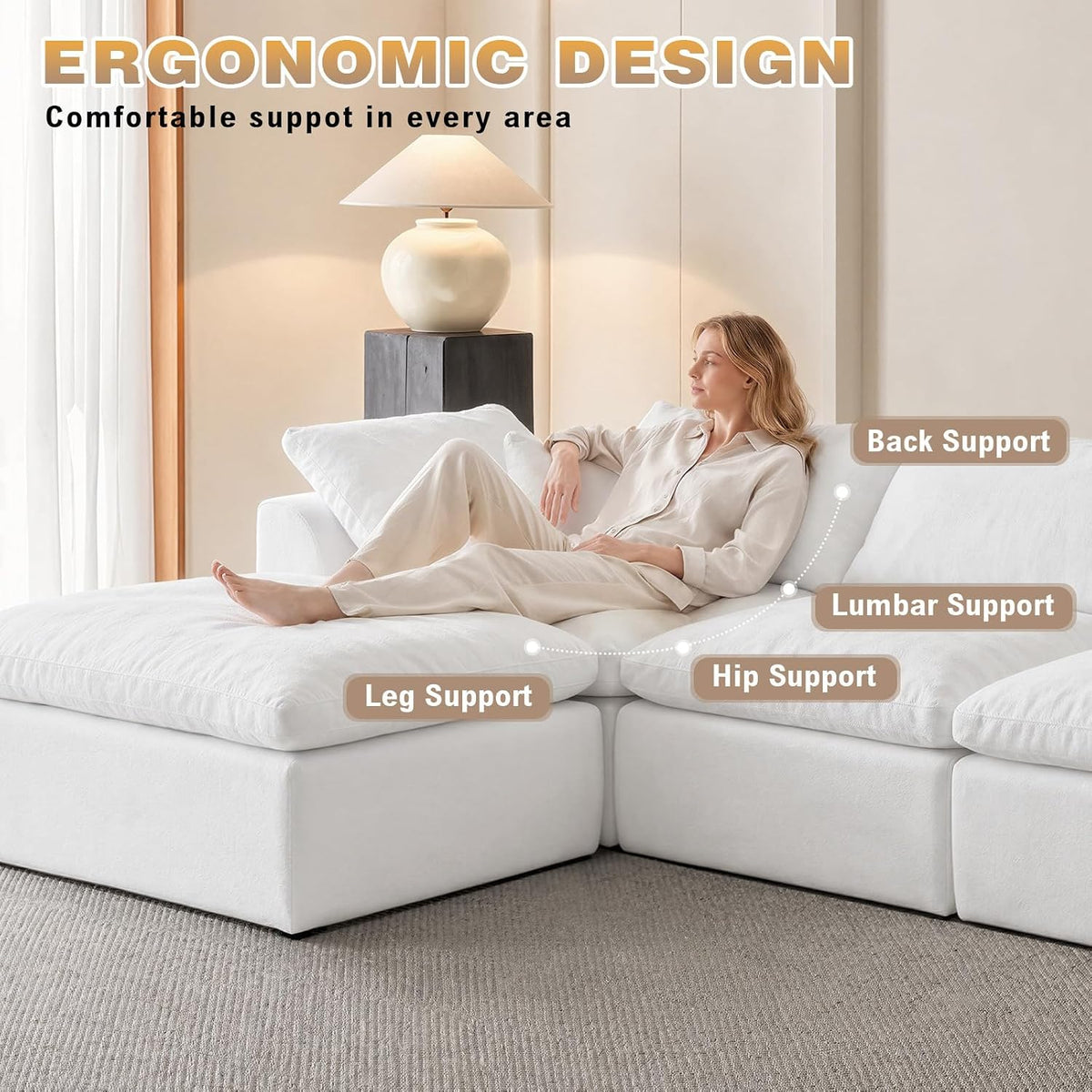 110" Boneless Cloud Couch Sectional for Living Room, Oversized Modular L Shaped Sofa with Ottoman, Deep Seat Chenille Sectional Couch for Cloud-Like Comfort (Pearl White)