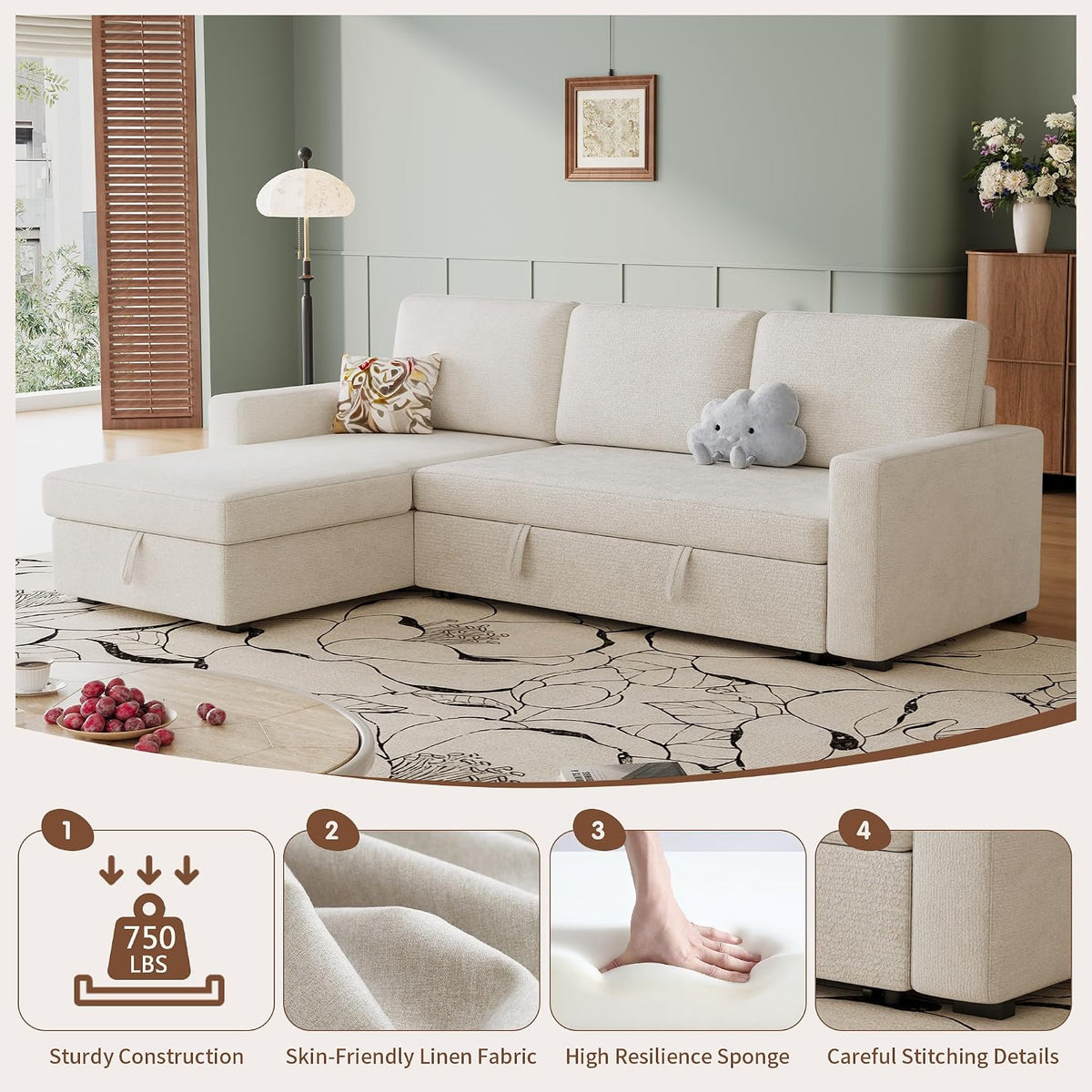 81" L Shaped Convertible Sleeper Sectional Sofa Bed, Beige