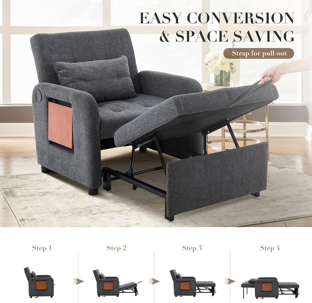 Convertible Sleeper Chair-Fabric Futon Sofa Bed, Single Sleeper Sofa, Small Couch Bed with USB Port, Foldable Table, Pillow, Adjustable Backrest for Dorm/Bedroom/College Darkgrey