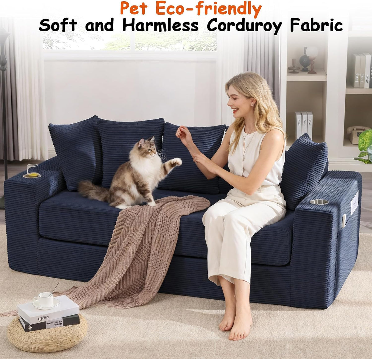 76" Convertible Sofa Bed, Corduroy Boneless Couch with Cup Holders & Pocket