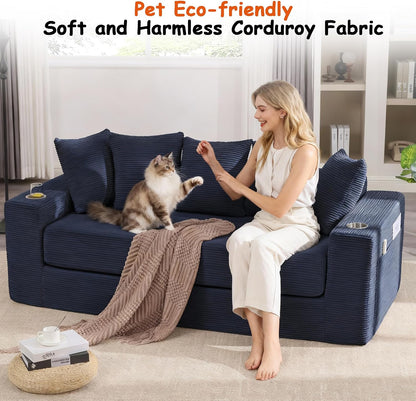 76" Convertible Sofa Bed, Corduroy Boneless Couch with Cup Holders & Pocket