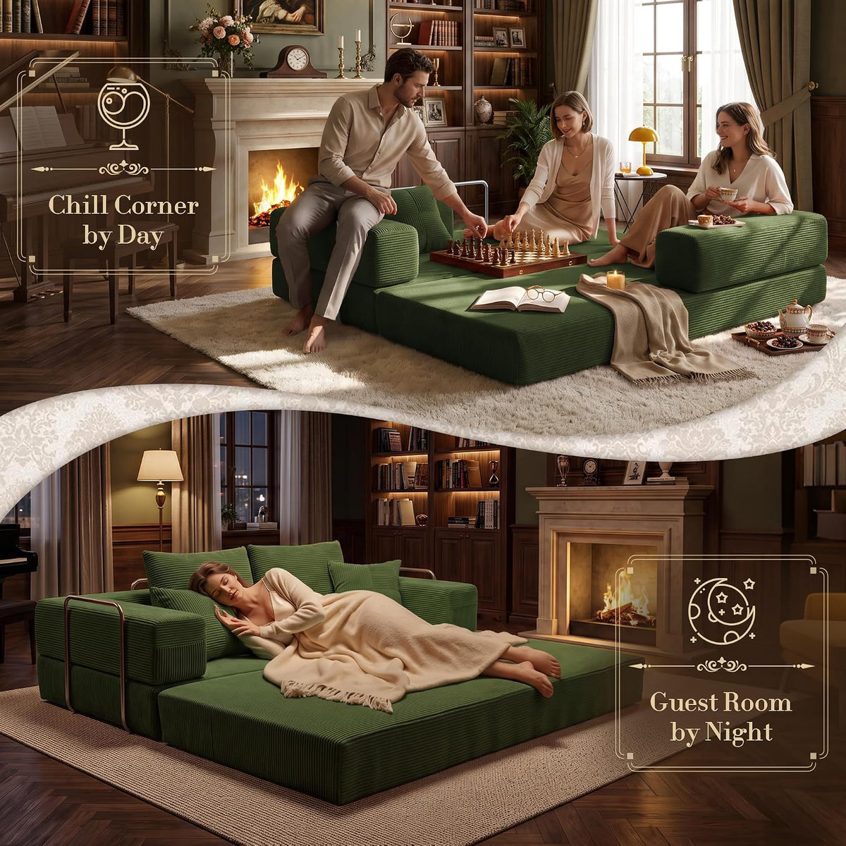 Convertible Futon Sofa Bed - Boneless Couch for Living Room with High Backrest - Futon Sleeper Sofa with Reinforced Anti-Wobble Support Frame - Modular Pull Out Couch No Assembly,Forest Green