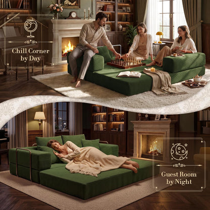 Convertible Futon Sofa Bed - Boneless Couch for Living Room with High Backrest - Futon Sleeper Sofa with Reinforced Anti-Wobble Support Frame - Modular Pull Out Couch No Assembly,Forest Green